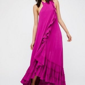 Free People Endless Summer Fuchsia Wrap Around Boho Halter Ruffle Maxi Dress XD